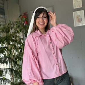 شومیز استین بادکنکی صورتی پودری🎀